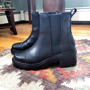 SOREL Joan Now Waterproof Black Leather Ankle Boots, Size 9